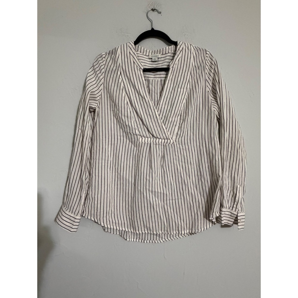 Sundance Womens Small White Navy Striped Cotton Gauze V-Neck Blouse Top
